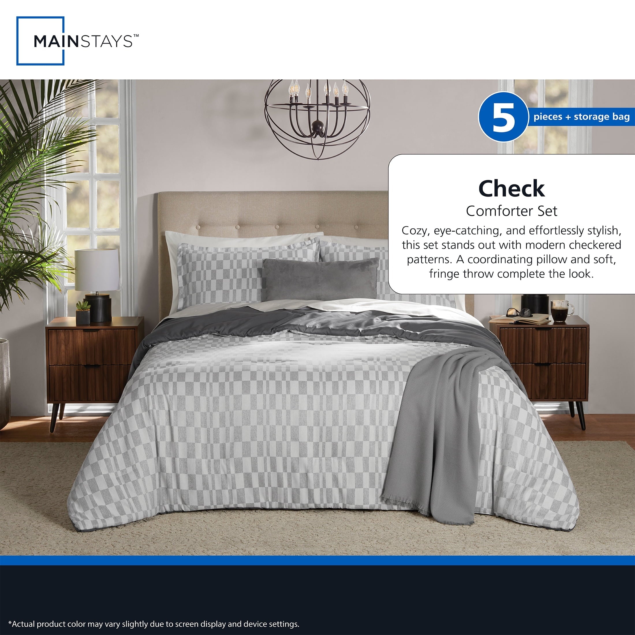 Heavyweight Warmth Full/Queen Comforter Set, All-Season, 5-Piece, Soft Silver Check - Hypoallergenic Ultra-Fluffy Quilt for Winter Detail