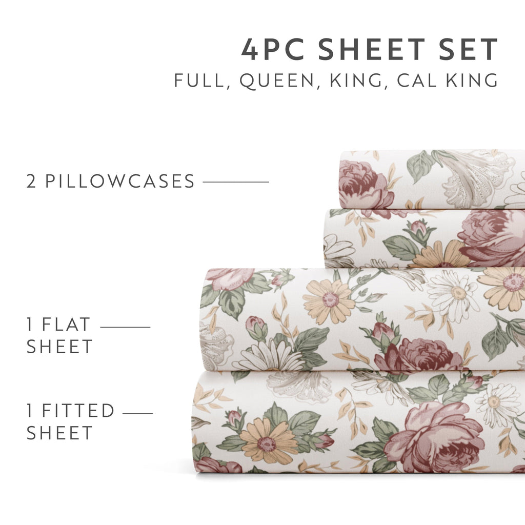 Premium Egyptian Cotton 4 Piece Pattern Microfiber Bed Sheets Set, Blooming Floral Rose, Queen - Luxury Bed Sheet Set with Deep Pockets Detail