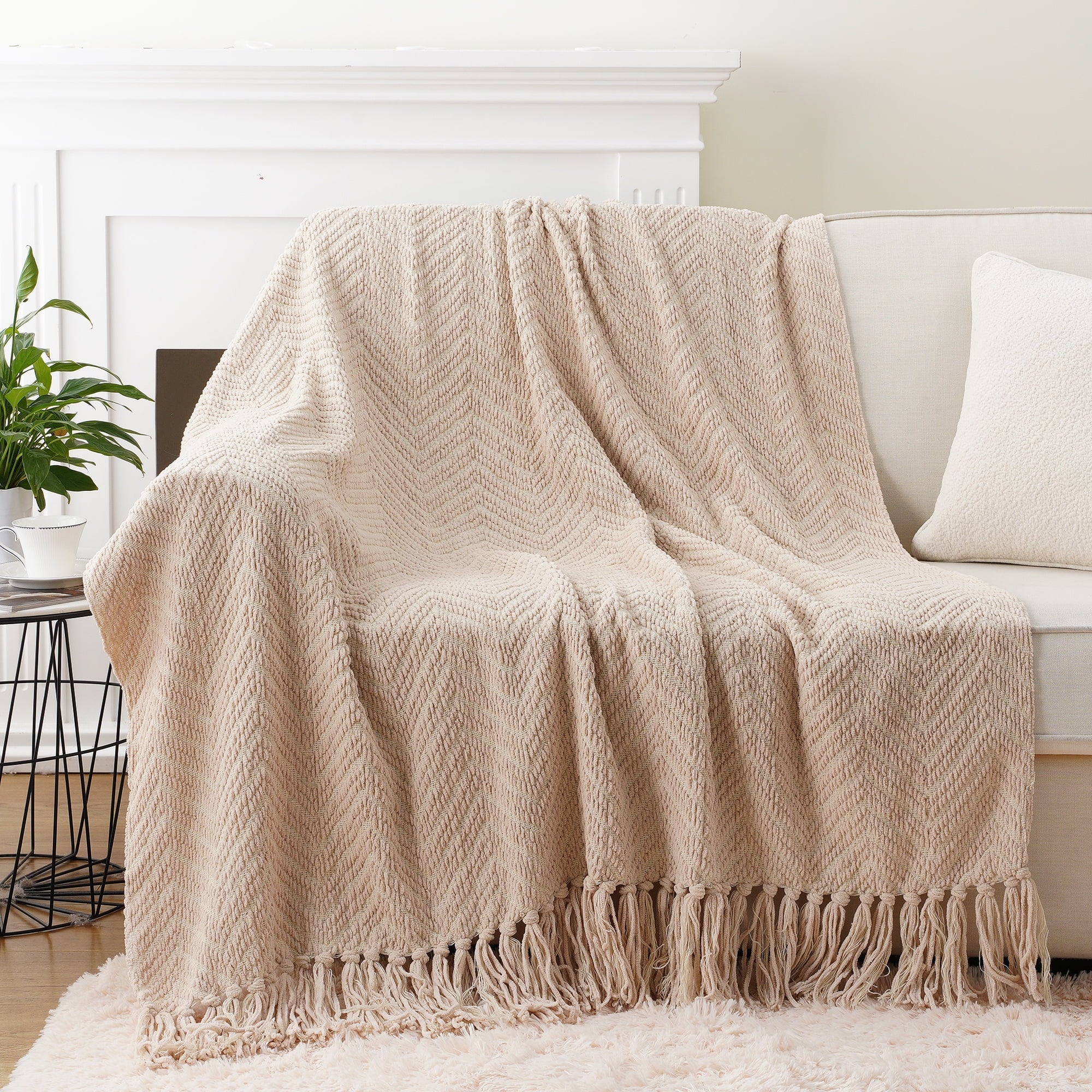 Lightweight Warm Beige Throw Blanket,Textured Knitted Tan Throws with Tassels,Neutral Sofa Bed Throws,50"x60" - Luxury Knitted Decorative Throw Blanket with Fringes Detail