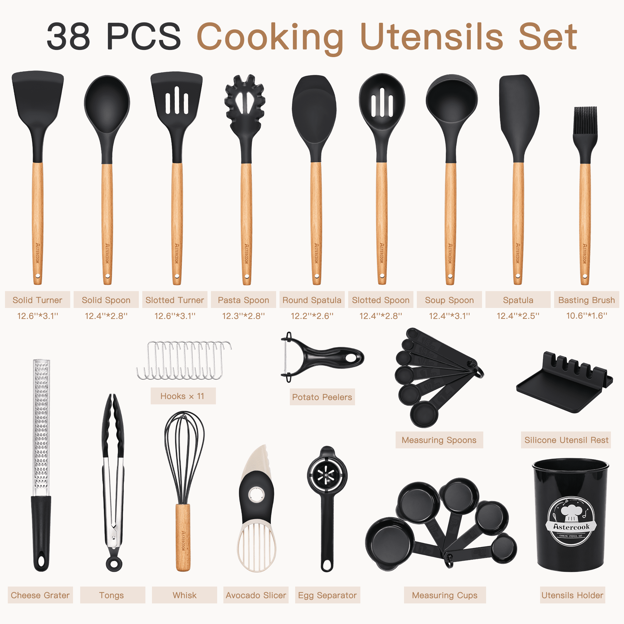 Multi-Functional Silicone Cooking Utensils Set, 38 PCS Kitchen Utensils Set for 446°F Heat Resistant, Food Grade Utensil Sets with Woo... - Kitchen Gadget Tool for Quick Food Prep Detail