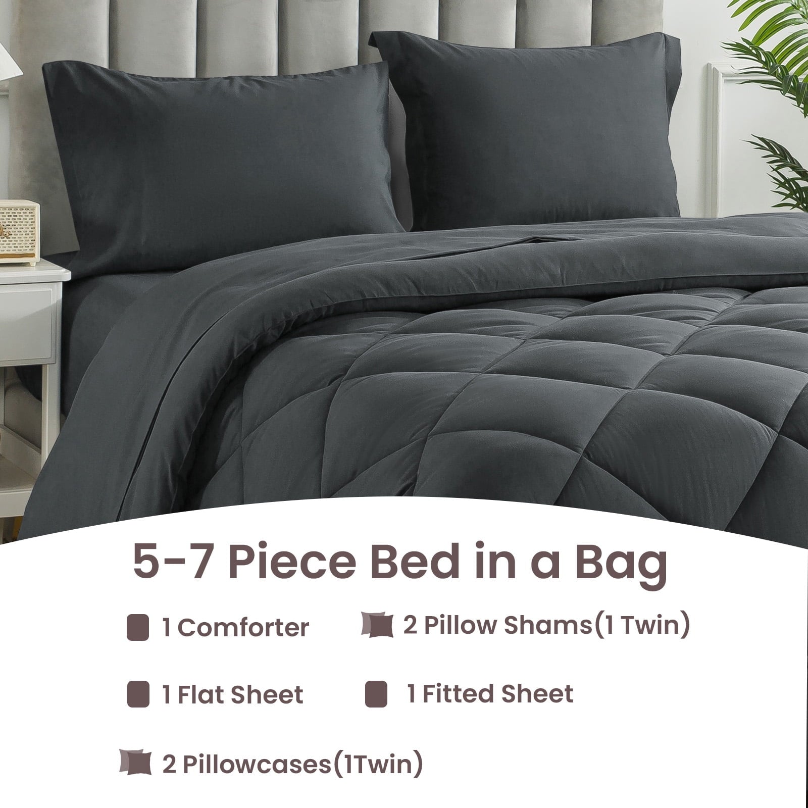 Hypoallergenic Cloud Queen Bed in a Bag Comforter Set with 7 Pieces - Dark Gray All Season Bedding Sets with Comforter, Pillow Shams, Flat... - Hypoallergenic Ultra-Fluffy Quilt for Winter Detail
