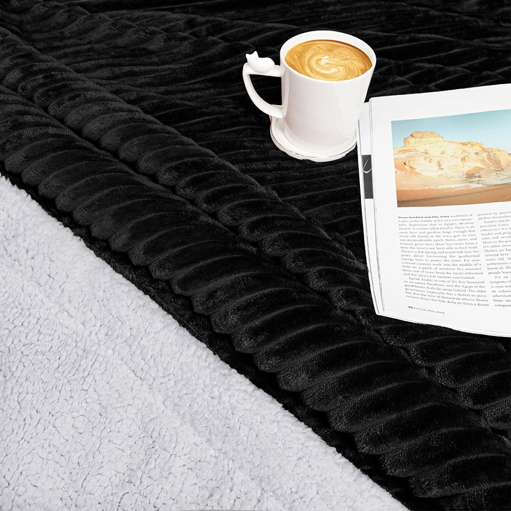 Cozy Fleece Reversible Sherpa Fleece Throw Blanket Black, Plush Flannel Throw, Ultra Soft Warm Ribbed Microfiber Blanket for Sofa... - Lightweight Plush Warm Blanket for All Seasons Detail