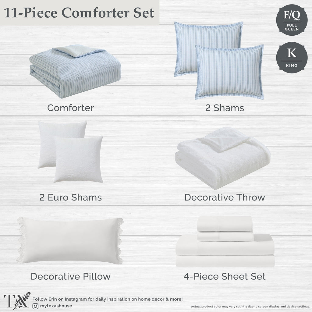 Luxurious Quilted Stripe 11-Piece Comforter Set with Sheets, Blue, Queen - All-Season Down Alternative Comforter Insert Detail