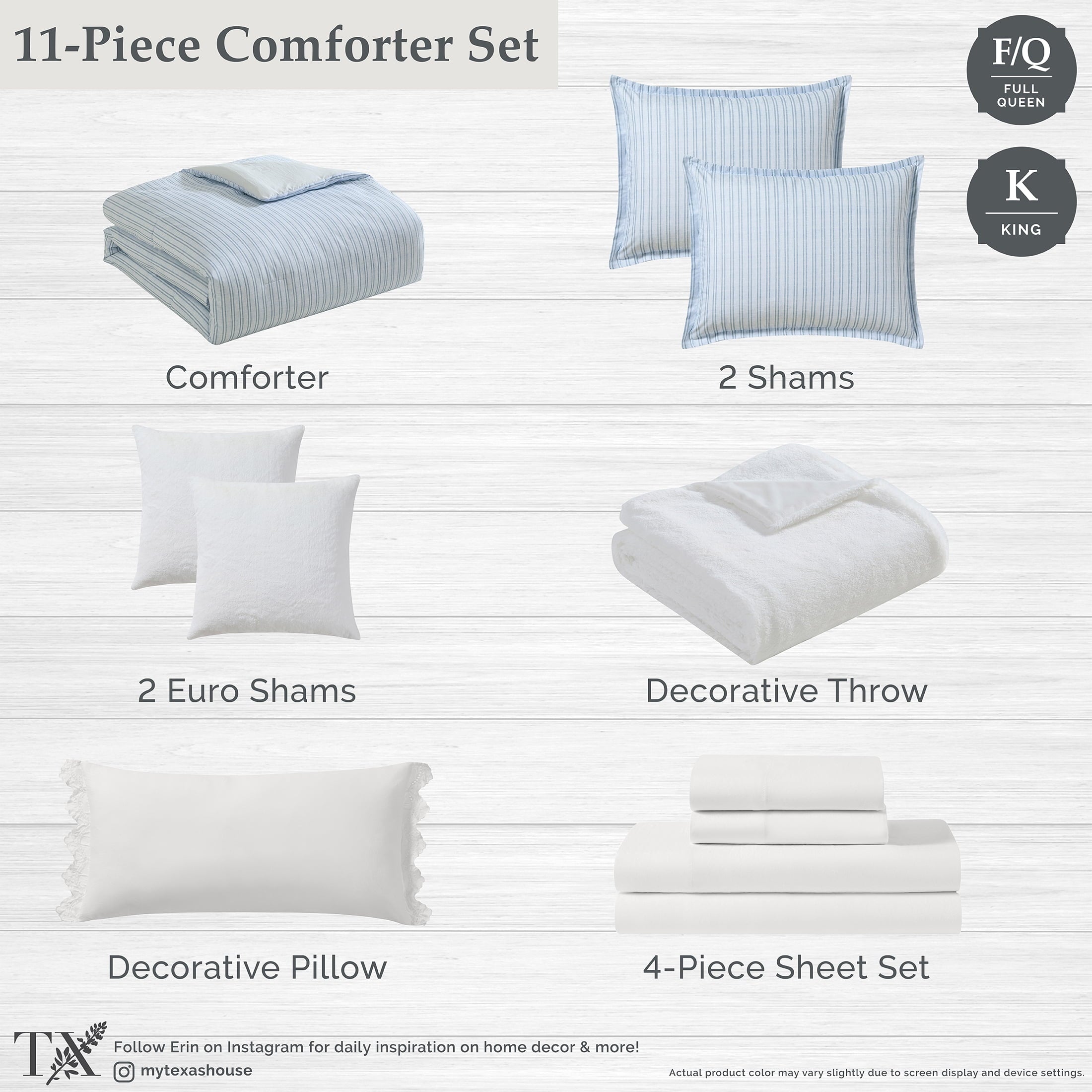 Luxurious Quilted Stripe 11-Piece Comforter Set with Sheets, Blue, Queen - All-Season Down Alternative Comforter Insert Detail