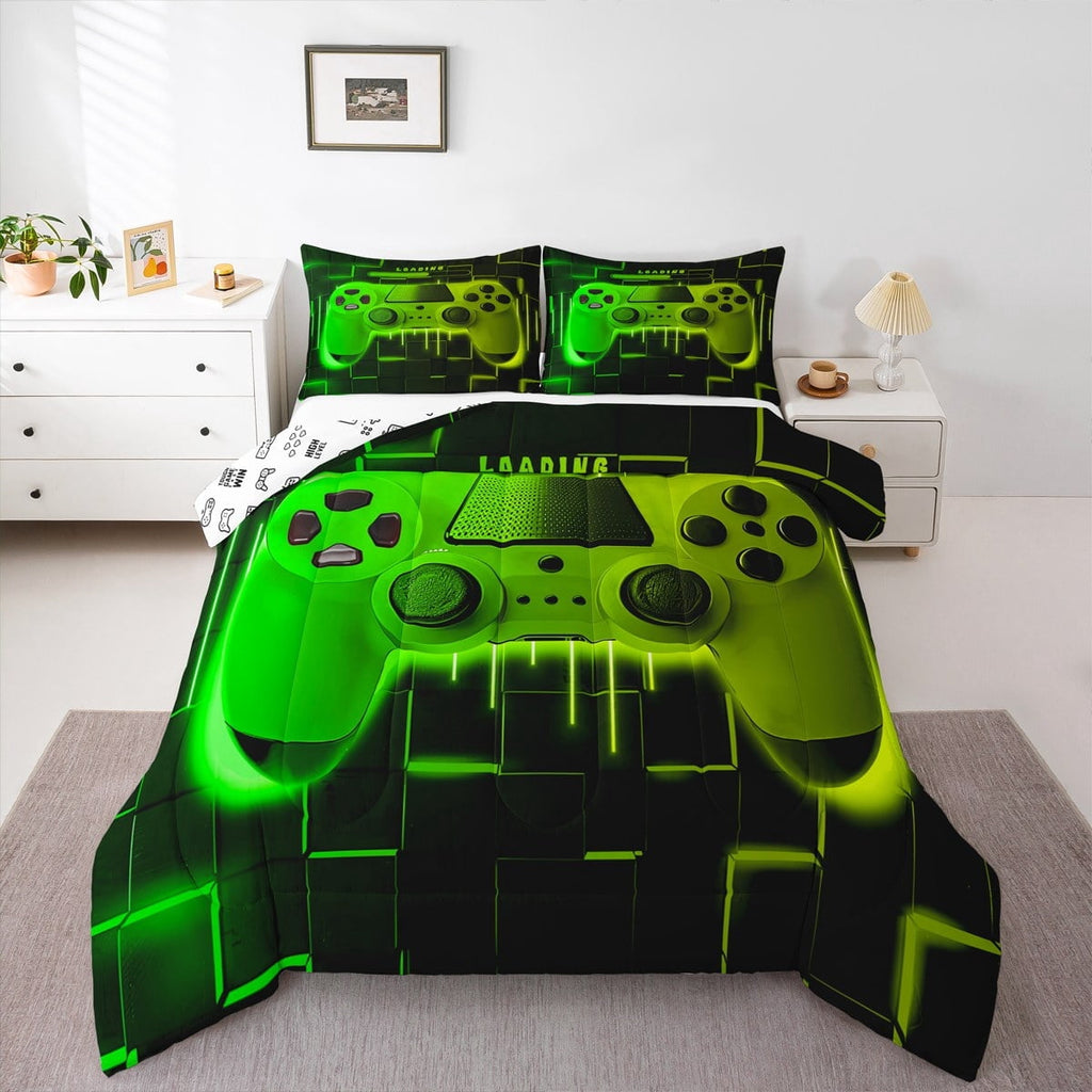 Luxurious Quilted Green Yellow Gaming Full Size Comforter Sets - Gamer Comforter Full Size Bedding Set, Neon Lights Abstract Geometry D... - All-Season Down Alternative Comforter Insert Detail