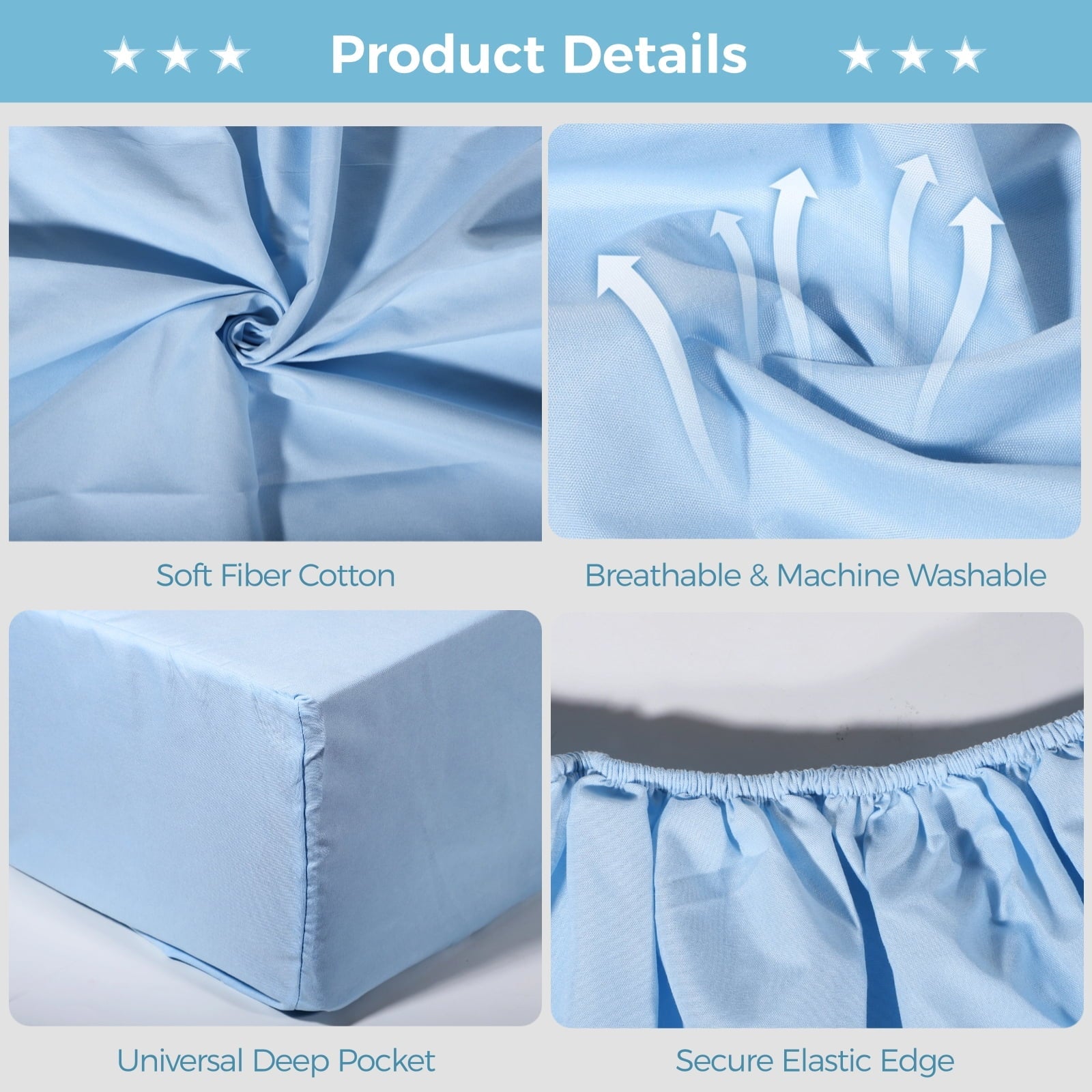 Premium Egyptian Cotton 6 Pcs Hospital Bed Sheets Set, Includes 2 Fitted Sheet 84x36x14", 2 Flat Sheets 104x59", 2 Pillowcases 19x29", Soft B... - Breathable Egyptian Cotton Flat & Fitted Sheets Detail
