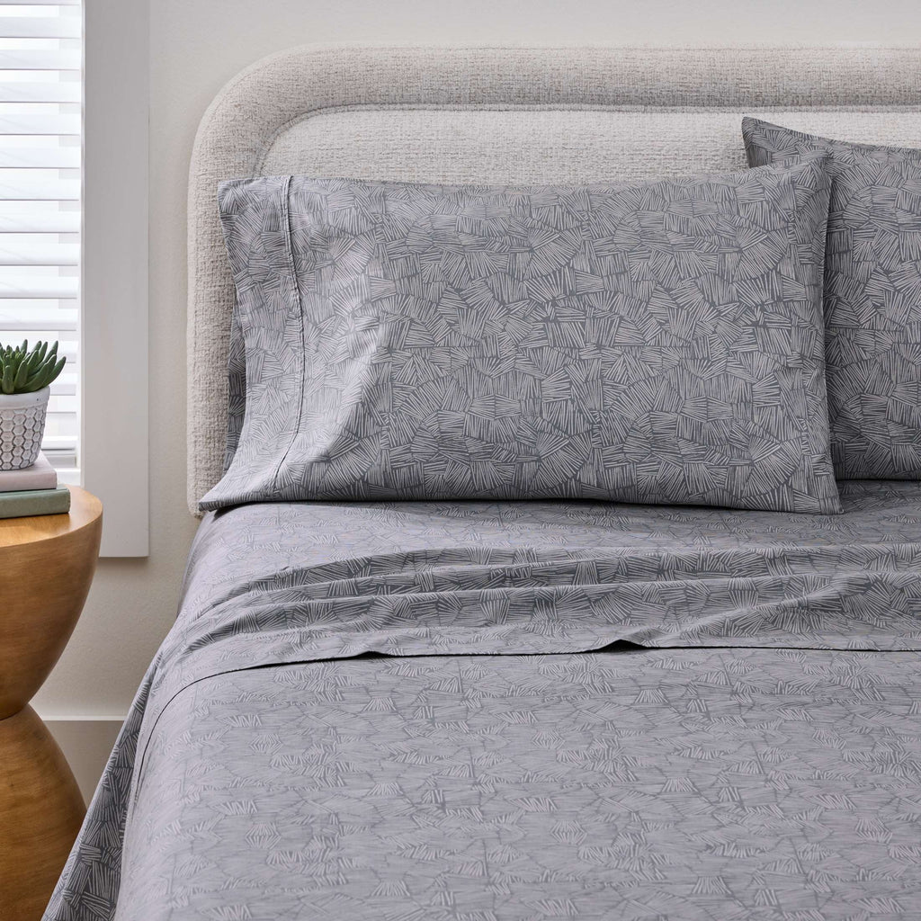 Wrinkle-Resistant 300 Thread Count 4-Piece Cotton Percale Ziggy Geo Print Grey Flannel Bed Sheet Set, Full - Luxury Bed Sheet Set with Deep Pockets Detail