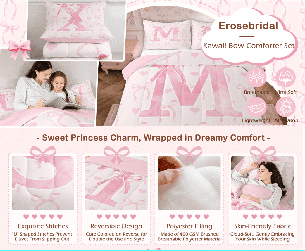 Heavyweight Warmth Kawaii Bowknot Bedding Sets Full with Comforter, Initial H Duvet Insert, Romantic Initial A-Z Decor, Reversible - All-Season Down Alternative Comforter Insert Detail