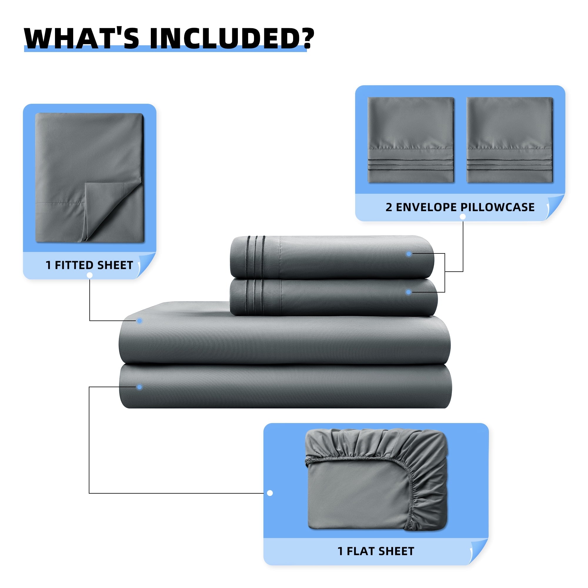 Wrinkle-Resistant Shilucheng 4 Pieces Luxury Bed Sheets Set, Plush Microfiber Bed Sheets, 16" Deep Pocket, Queen, Dark Gray - Breathable Egyptian Cotton Flat & Fitted Sheets Detail