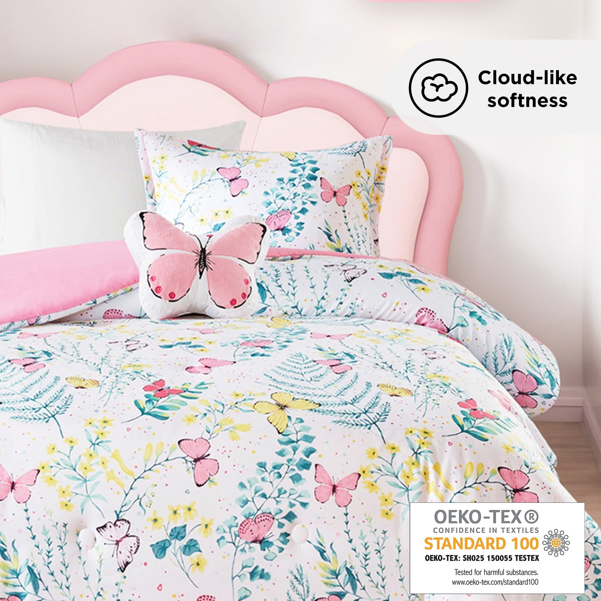 All-Season Full/Queen Size Comforter Sets, 4-Piece Kids Bedding Set for Girls, Butterfly Floral Comforter Bed Set, White/Pink - Cloud-Like Soft Lightweight Bed Comforter Detail