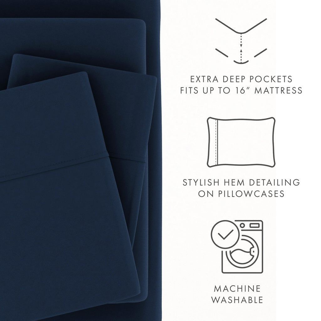 Cooling Sateen 4 Piece Solid Microfiber Bed Sheet Set, Navy, Queen - Cooling Hotel Quality Bedding Sheets and Pillowcases Detail