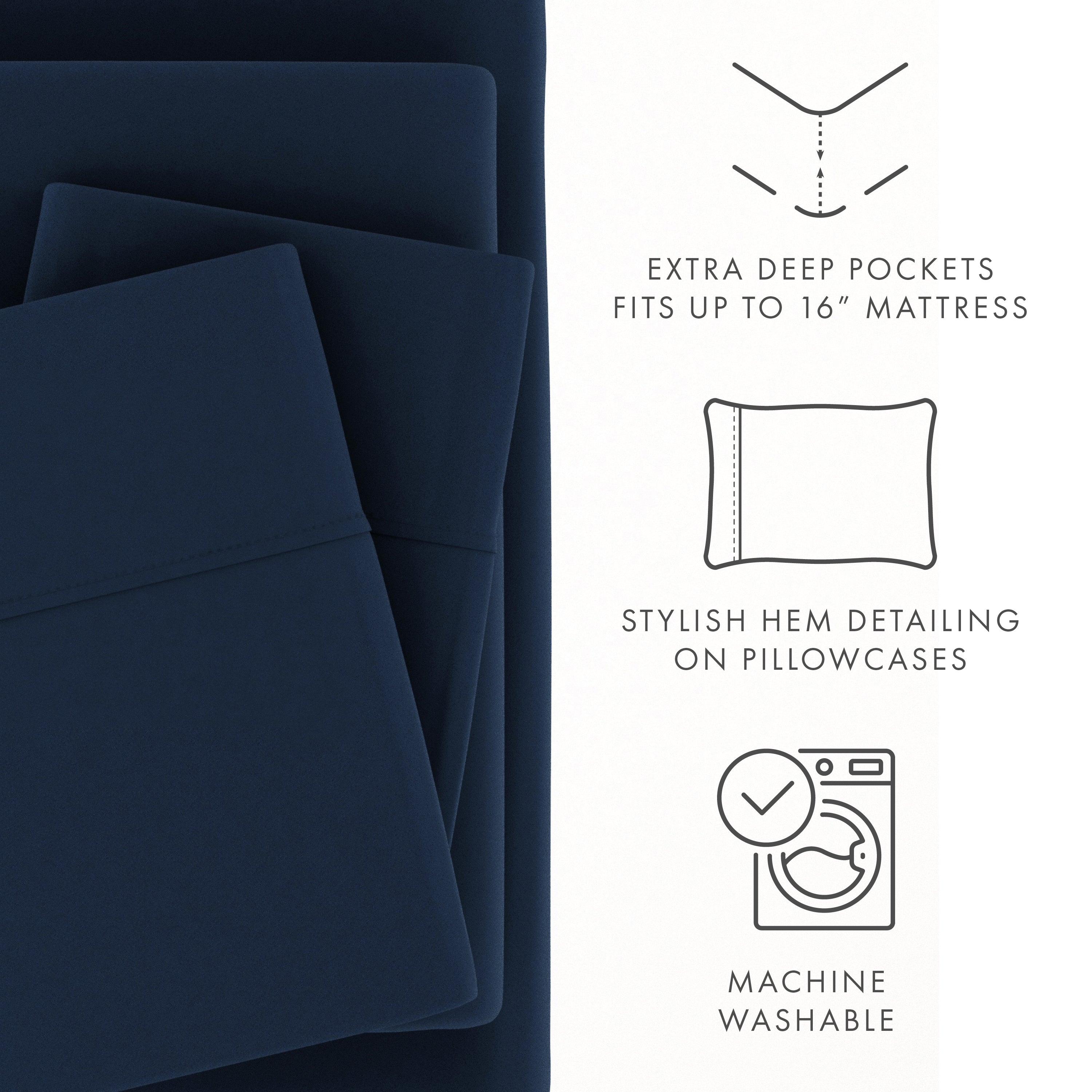 Cooling Sateen 4 Piece Solid Microfiber Bed Sheet Set, Navy, Queen - Cooling Hotel Quality Bedding Sheets and Pillowcases Detail