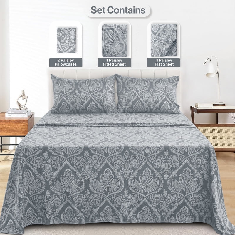Wrinkle-Resistant Lux Decor 4 Piece Queen Sheet Set, Brushed Microfiber Paisley Printed Bed Sheet Set with up to 16" Deep Pocket Fitted... - Luxury Bed Sheet Set with Deep Pockets Detail