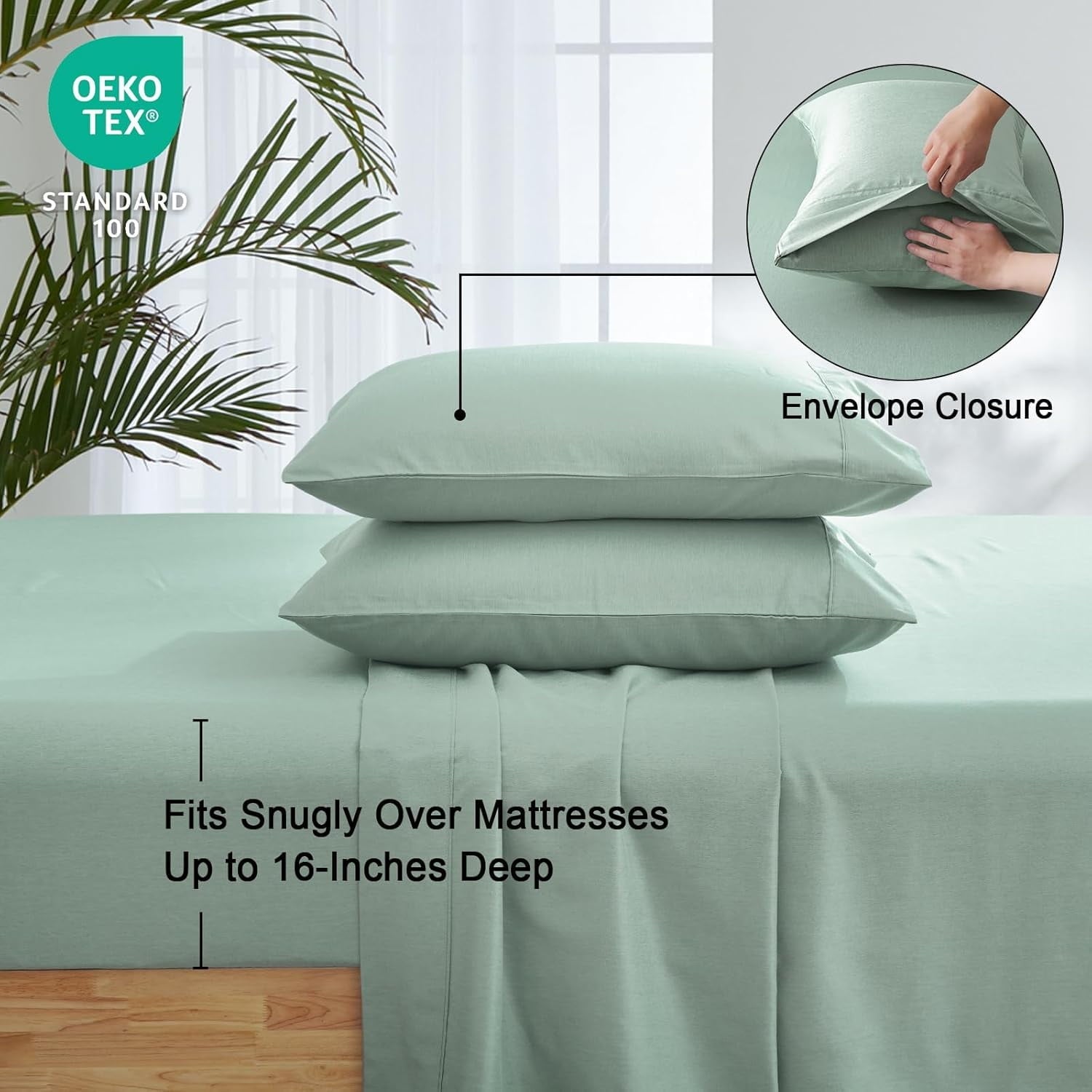 Cooling Sateen Bamboo Bed Sheet Sets, 4 Pieces King Silky Soft Bedding Sheets, 1800 Thread Count 16 Inch Deep Pockets, Sage Green - Breathable Egyptian Cotton Flat & Fitted Sheets Detail