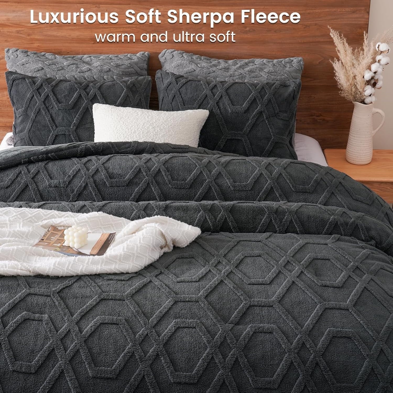 All-Season Warm Sherpa Fleece Queen Comforter Set, 3D Tufted Fluffy Dark Grey Bedding for Winter, Soft 3 Pieces Shaggy Bed Set, ... - Luxurious Quilted Duvet Cover Set Detail