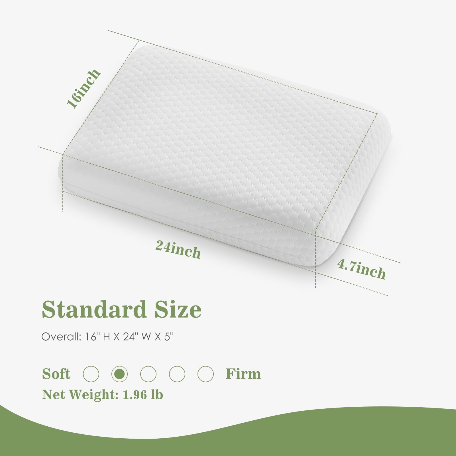 Decorative Plump Memory Foam Pillow for Sleeping, 24"D x 16"W x 4.7"H, Soft Supportive Hotel Pillow for Bed, Washable Cover, Set of 2 - Decorative Throw Pillow Cushion for Sofa & Bed Detail