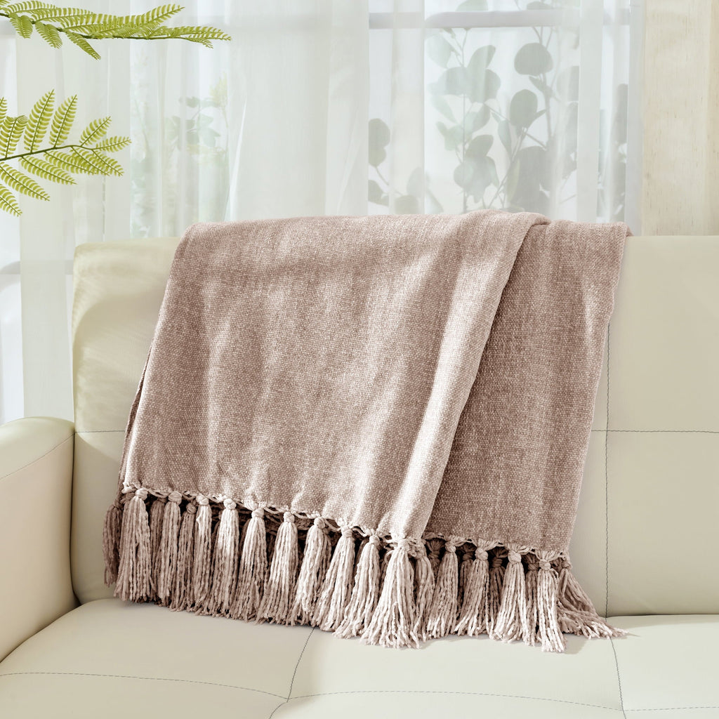 Lightweight Warm Chenille Throw Blanket with Fringe Tassel for Couch Sofa Chair Bed, Taupe 50" X 60" - Super Soft Reversible Sherpa Flannel Blanket Detail