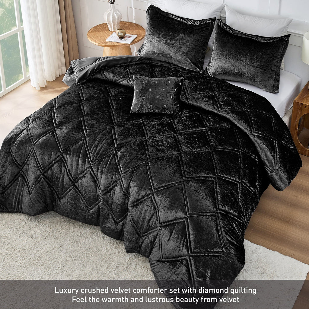 Luxurious Quilted King/Cal King Size Comforter Sets, Velvet Bedding Comforter Set for All Seasons, Black Bedding Set with Decor Pillow - All-Season Down Alternative Comforter Insert Detail