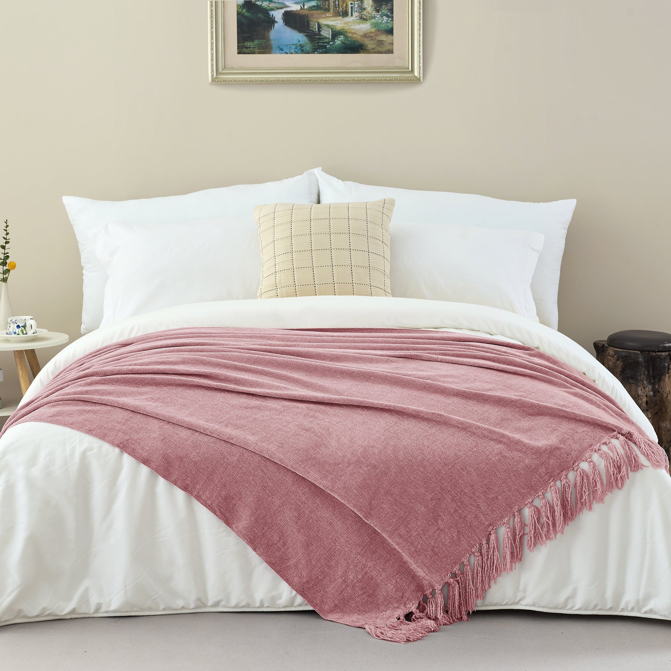 Decorative Knitted Chenille Throw Blanket with Fringe Tassel for Couch Sofa Chair Bed, Mauve 50" X 70" - Super Soft Reversible Sherpa Flannel Blanket Detail