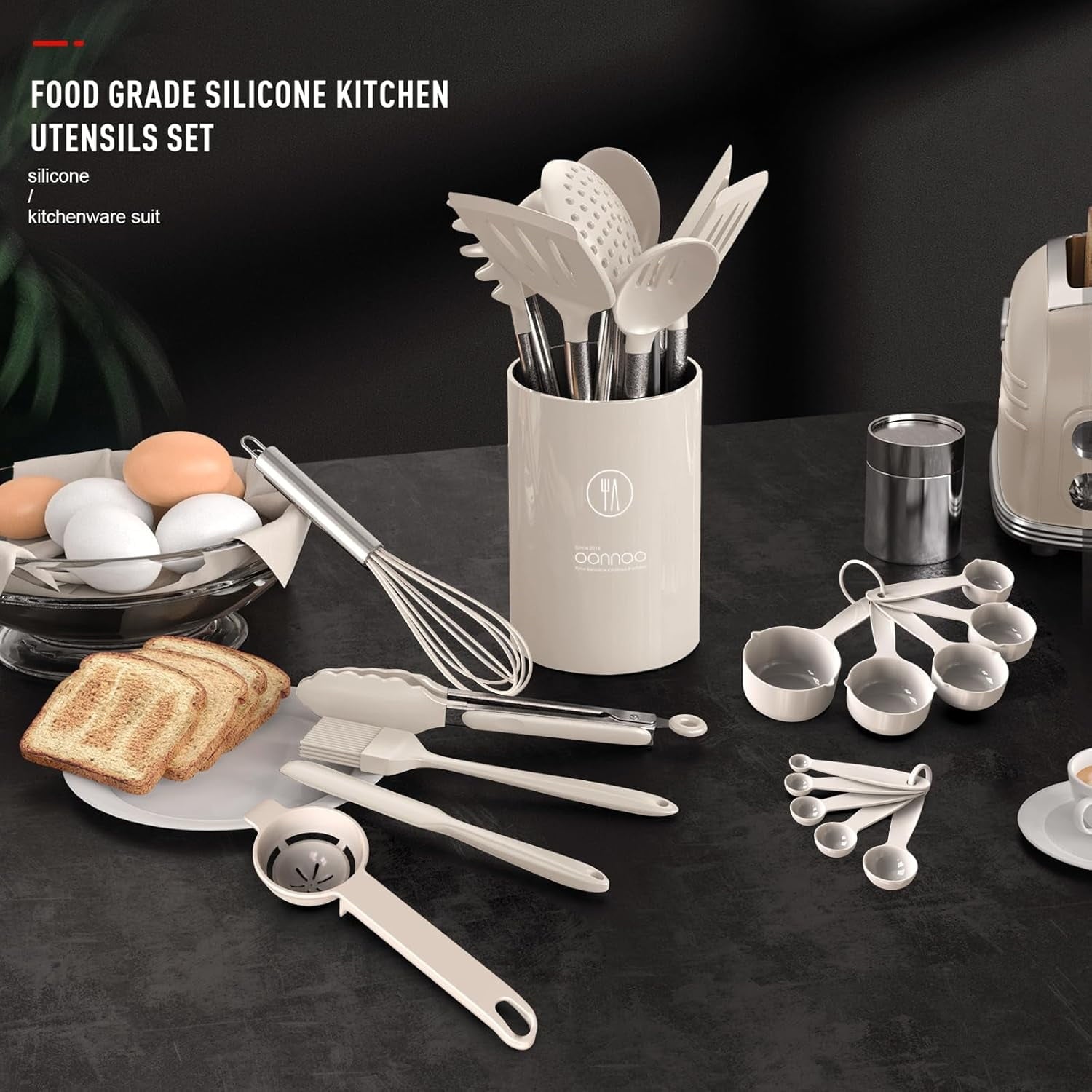 Premium Silicone Large Silicone Cooking Utensils Set - Heat Resistant Kitchen Utensils,Turner Tongs,Spatula,Spoon,Brush,Whisk,Stainles... - Premium Stainless Steel Cooking Utensil for Non-Stick Pots Detail