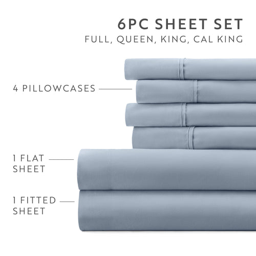 Cooling Sateen Queen, Light Blue Solid Microfiber 6 Piece Bed Sheet Set - Cooling Hotel Quality Bedding Sheets and Pillowcases Detail