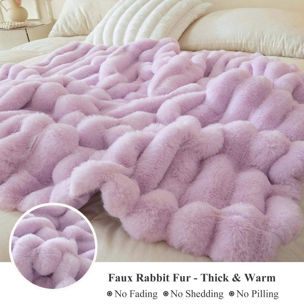 Reversible Sherpa Fluffy Faux Rabbit Fur Throw, Cozy Wide Stripe Plush Fuzzy Blanket for Bed Couch Sofa Chair, Light Purple Shaggy Thro... - Cozy Fleece Throw Blanket for Couch & Bed Detail
