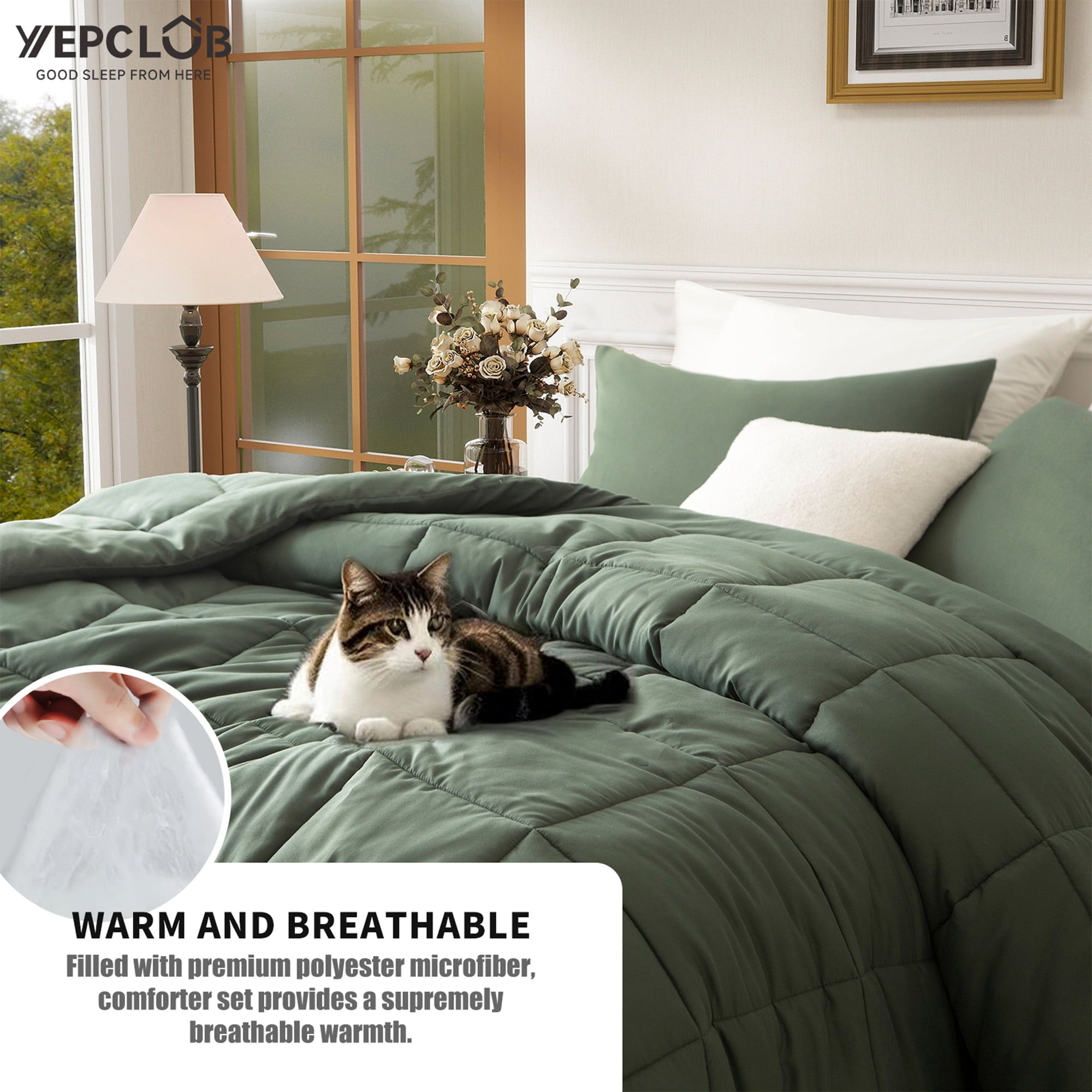 Fluffy Down Alternative 3-Piece Twin Size Comforter Set, Green Down Alternative Reversible Bedding Set, All-Season Quilted Soft Comforter wit... - Cloud-Like Soft Lightweight Bed Comforter Detail