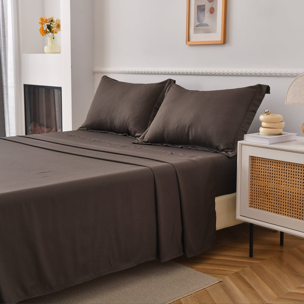 Ultra-Soft Bed Sheets Set 4 Piece Queen/Full Sheet Set Brown Gray Cotton Blend Fitted Sheet, Flat Sheet & 2 Pillowcases Bedding Set - Cooling Hotel Quality Bedding Sheets and Pillowcases Detail