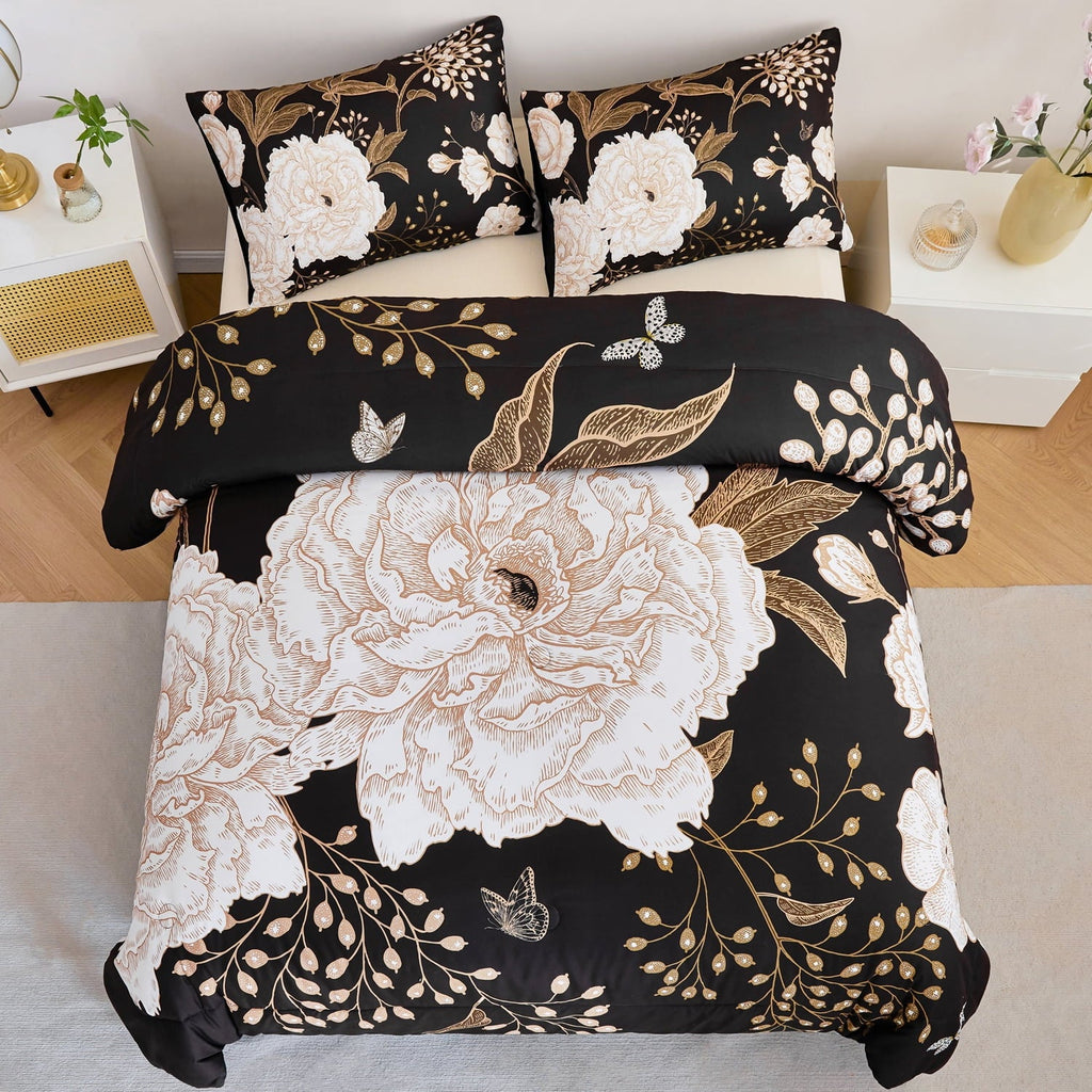 Heavyweight Warmth Black Floral Comforter Set Queen, Printed Comforter White Flowers Butterfly Bedding Set, 3 Pieces Botanical Reversibl... - All-Season Down Alternative Comforter Insert Detail