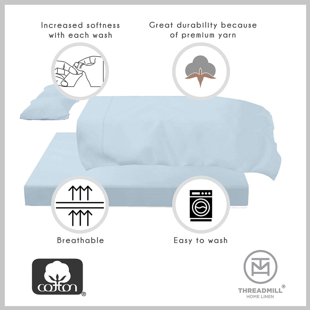 Ultra-Soft 100% Cotton King Bed Sheets Set - 4-Piece, 300 Thread Count, Lightweight Sateen, Light Blue - Breathable Egyptian Cotton Flat & Fitted Sheets Detail
