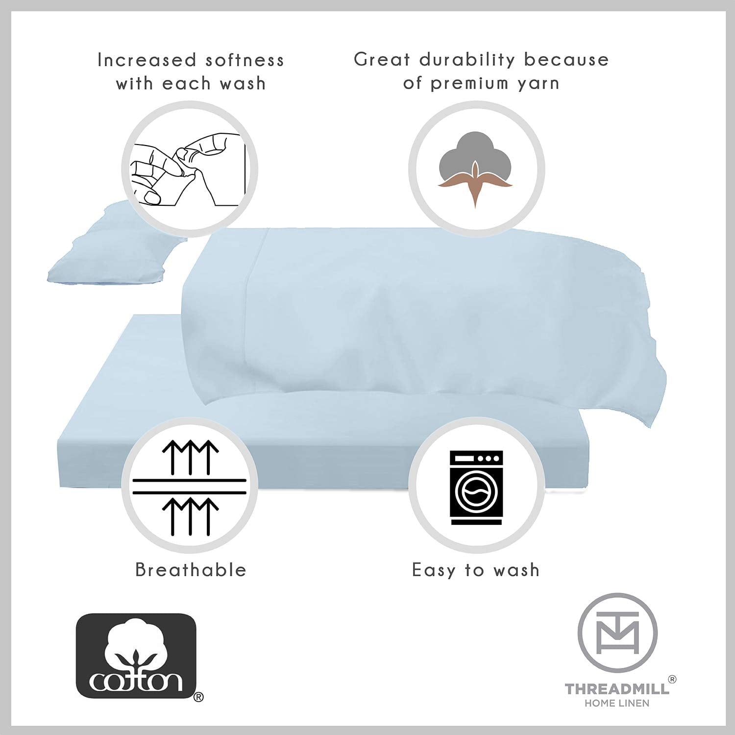 Ultra-Soft 100% Cotton King Bed Sheets Set - 4-Piece, 300 Thread Count, Lightweight Sateen, Light Blue - Breathable Egyptian Cotton Flat & Fitted Sheets Detail