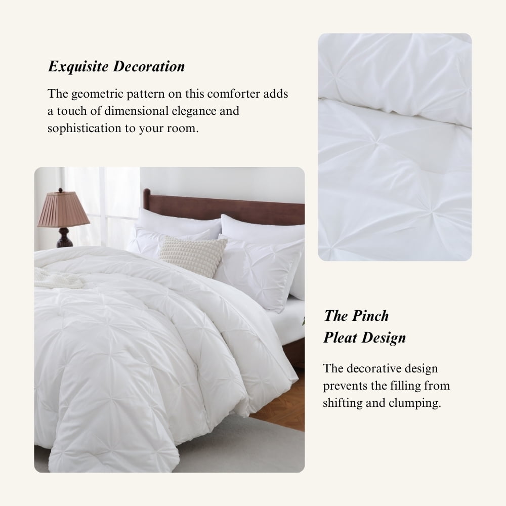 Hypoallergenic Cloud 7 Pieces Pinch-Pleated Comforter Set, White Queen Size - Luxurious Quilted Duvet Cover Set Detail