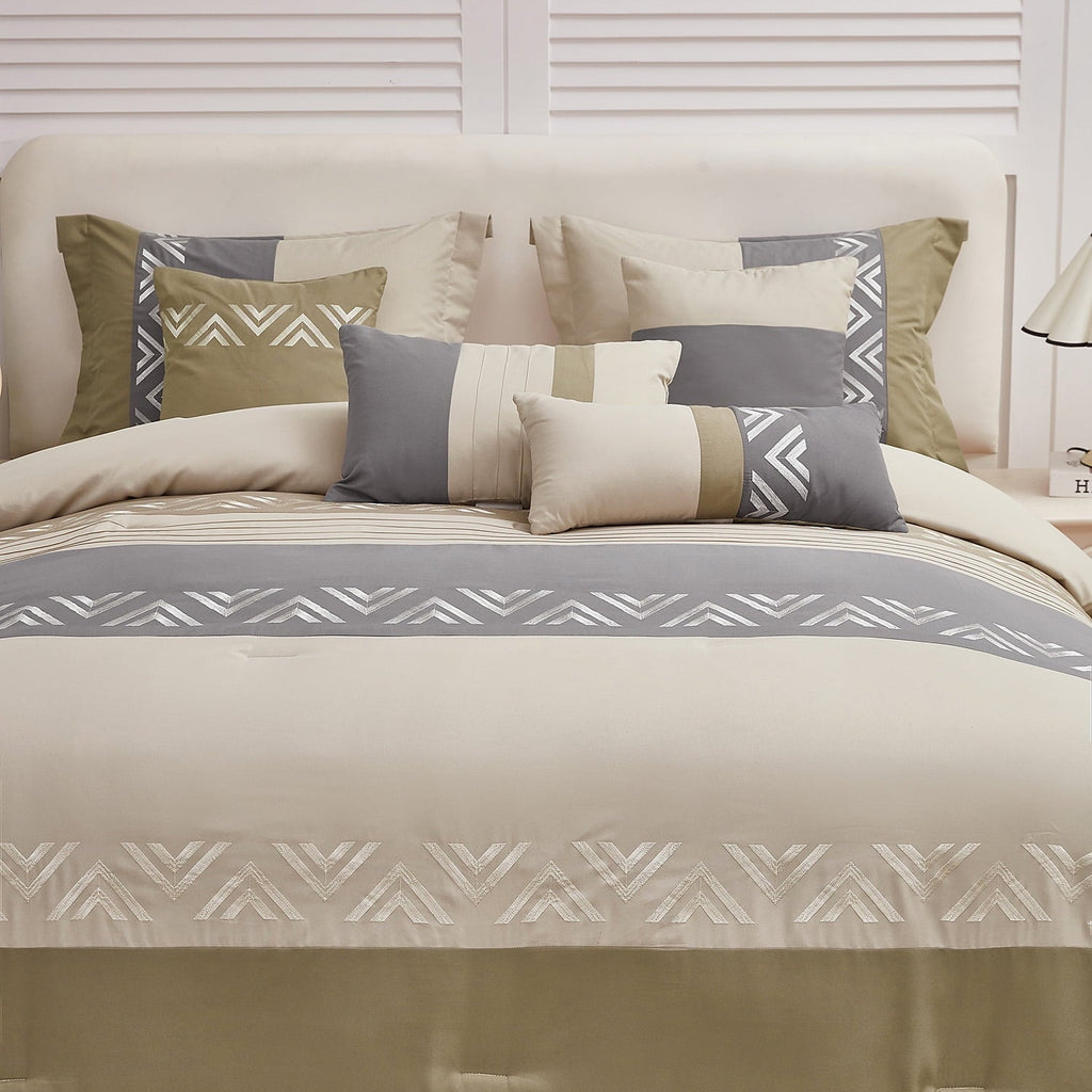 Hypoallergenic Cloud 7 Piece Embroidery Design Bed-in-a-Bag, Taupe Queen Size Ultra Soft Comforter Set for Adults - Hypoallergenic Ultra-Fluffy Quilt for Winter Detail