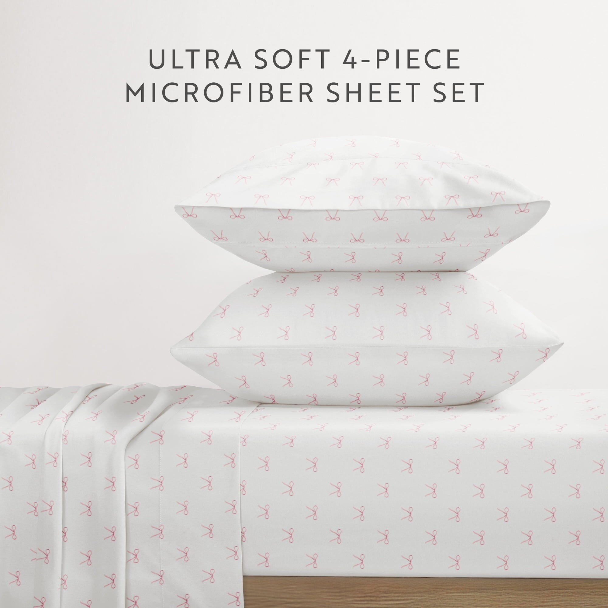 Ultra-Soft 3 Piece Ditsy Pattern Microfiber Bed Sheets, Pink Bows, Twin-XL - Premium Ultra-Soft Pillowcase Pair for Sleeping Detail