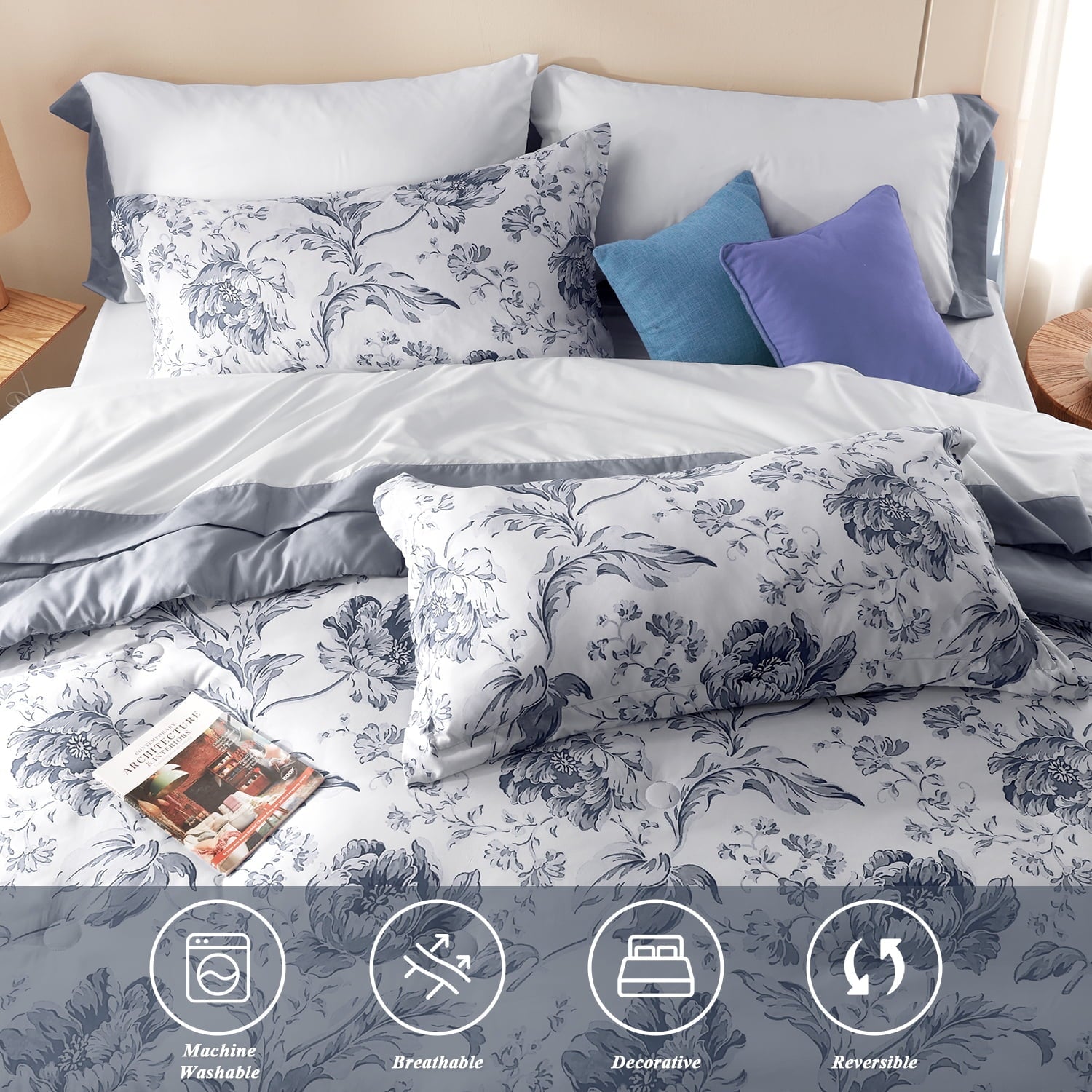 Fluffy Down Alternative Queen Comforter Sets,7-Pieces Reversible Bedding Sets,Bed in a Bag with Comforter,Flat Sheet and Fitted Sheet,Pillowc... - Cloud-Like Soft Lightweight Bed Comforter Detail