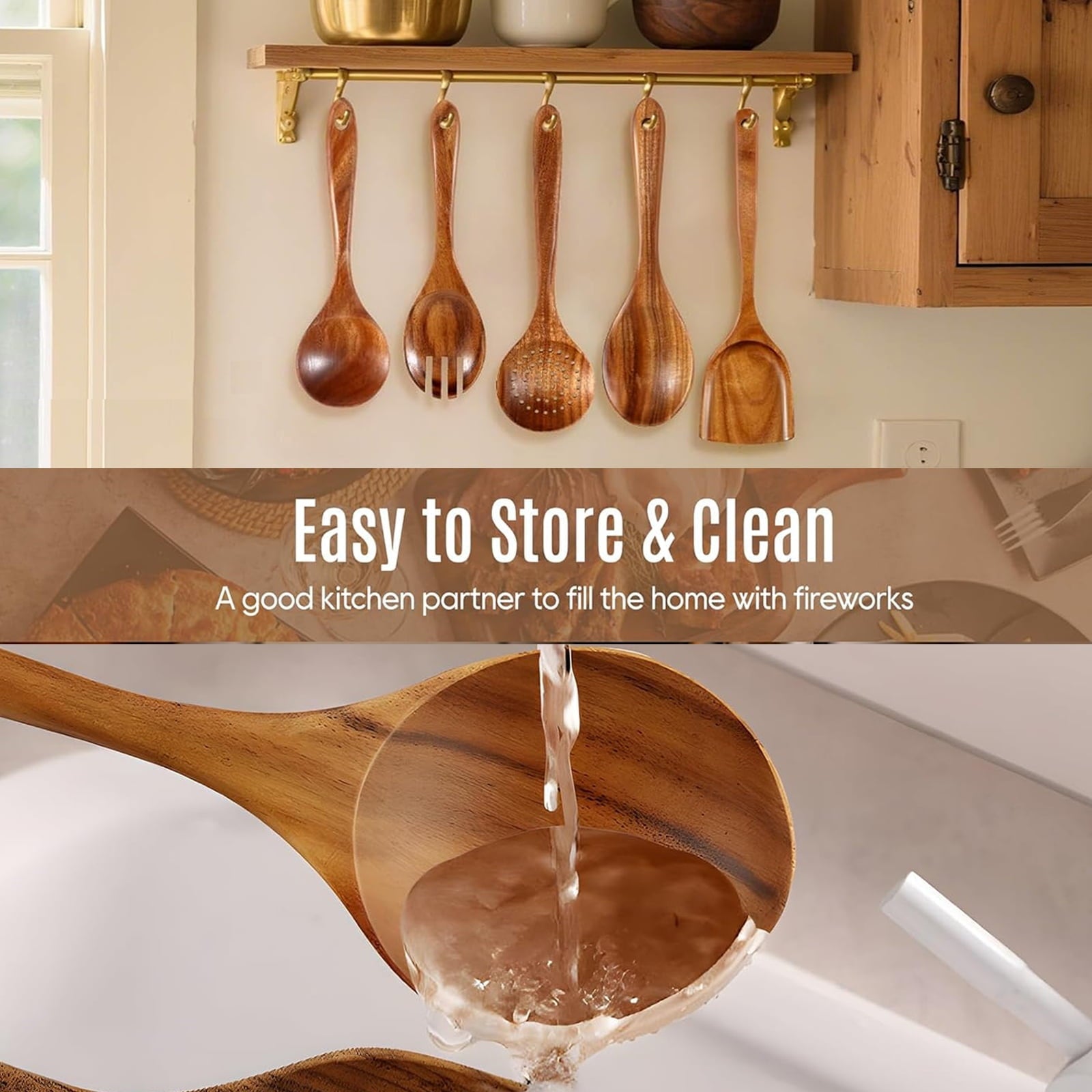 Premium Silicone Wooden Spoons for Cooking, 8 Pcs Natural Teak Wooden Utensils Set, Non-Stick & Heat Resistant Durable Wood ... - Durable Turner & Ladle Utensil Set for Home Chefs Detail