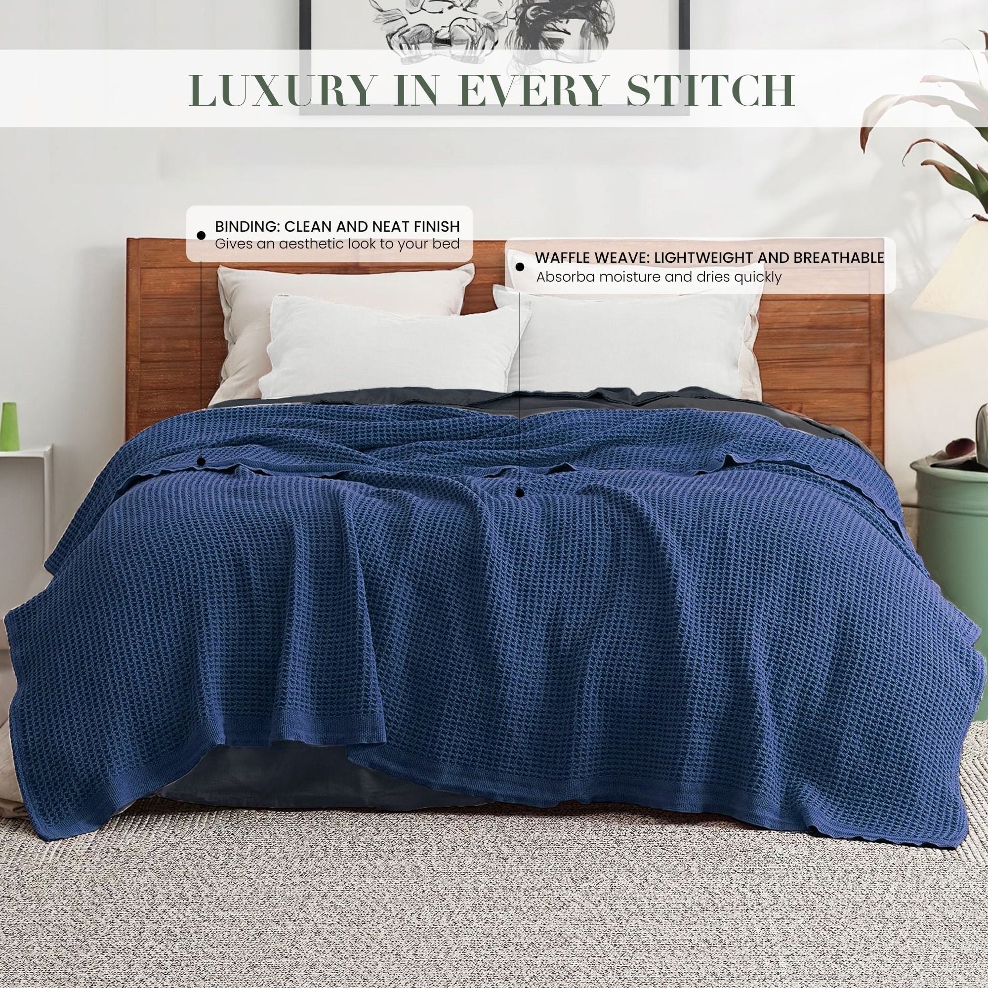 Lightweight Warm Twin Waffle Throw Blanket for Couch (68" x 92"), 100% Cotton Throw Blankets for Bed, Waffle Blanket for Bed (Navy) - Super Soft Reversible Sherpa Flannel Blanket Detail