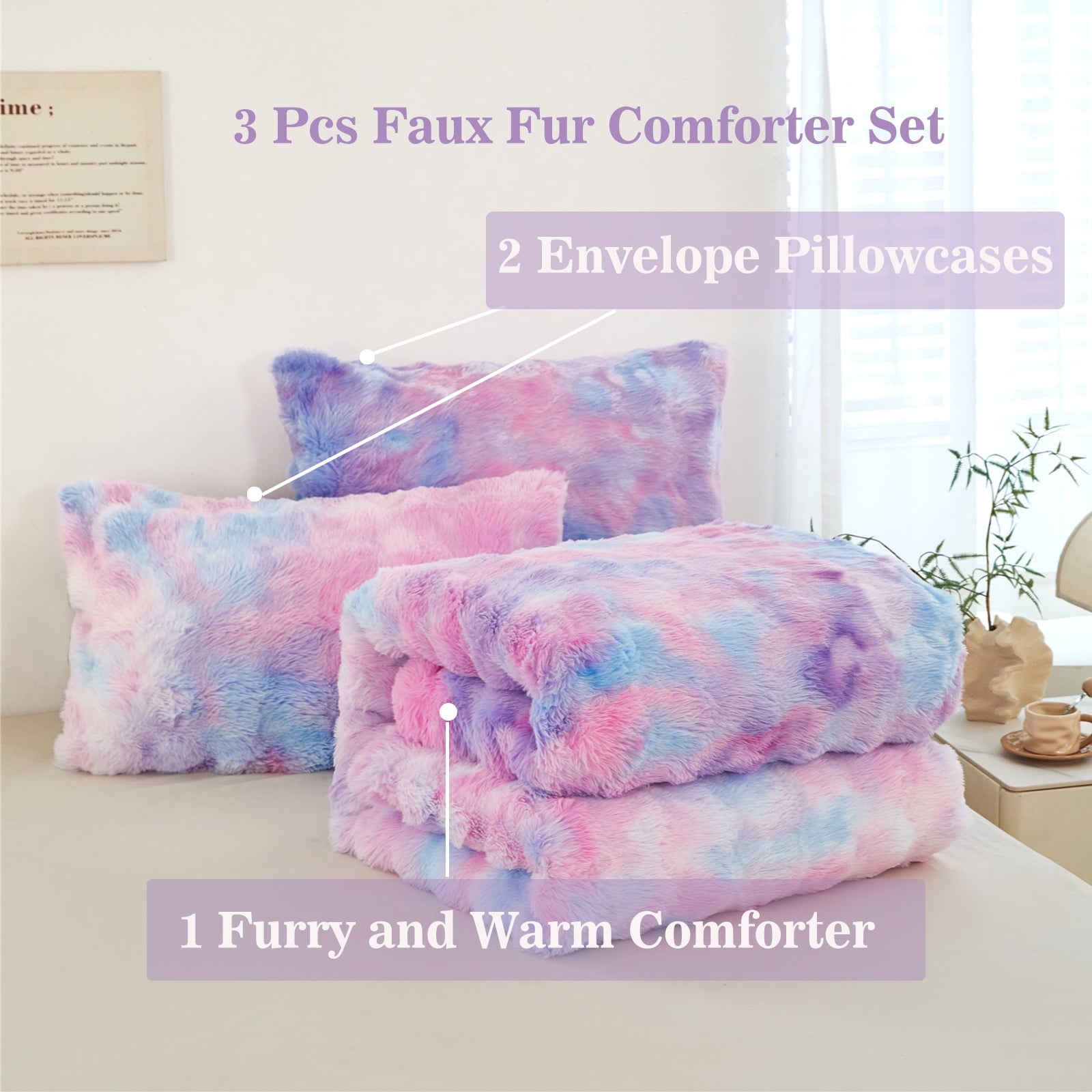 Luxurious Quilted Faux Rabbit Fur Comforter Set Twin 3Pcs Girls Blue Purple Bedding Set Tie-Dyeing Soft Bed Comforter Set Warm Fuzzy Ki... - Hypoallergenic Ultra-Fluffy Quilt for Winter Detail