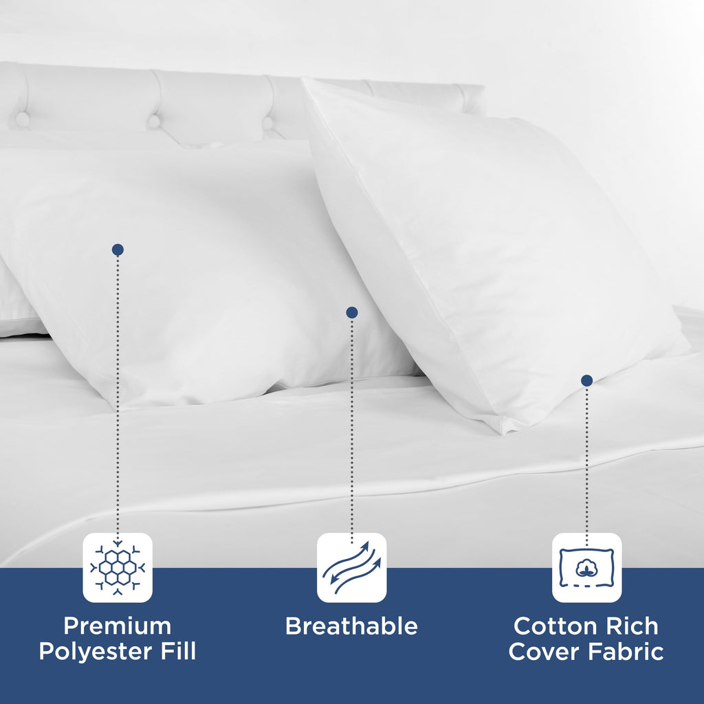 Ergonomic Memory Foam 2-Pack Down Alternative White Bed Pillows, Standard - Decorative Throw Pillow Cushion for Sofa & Bed Detail