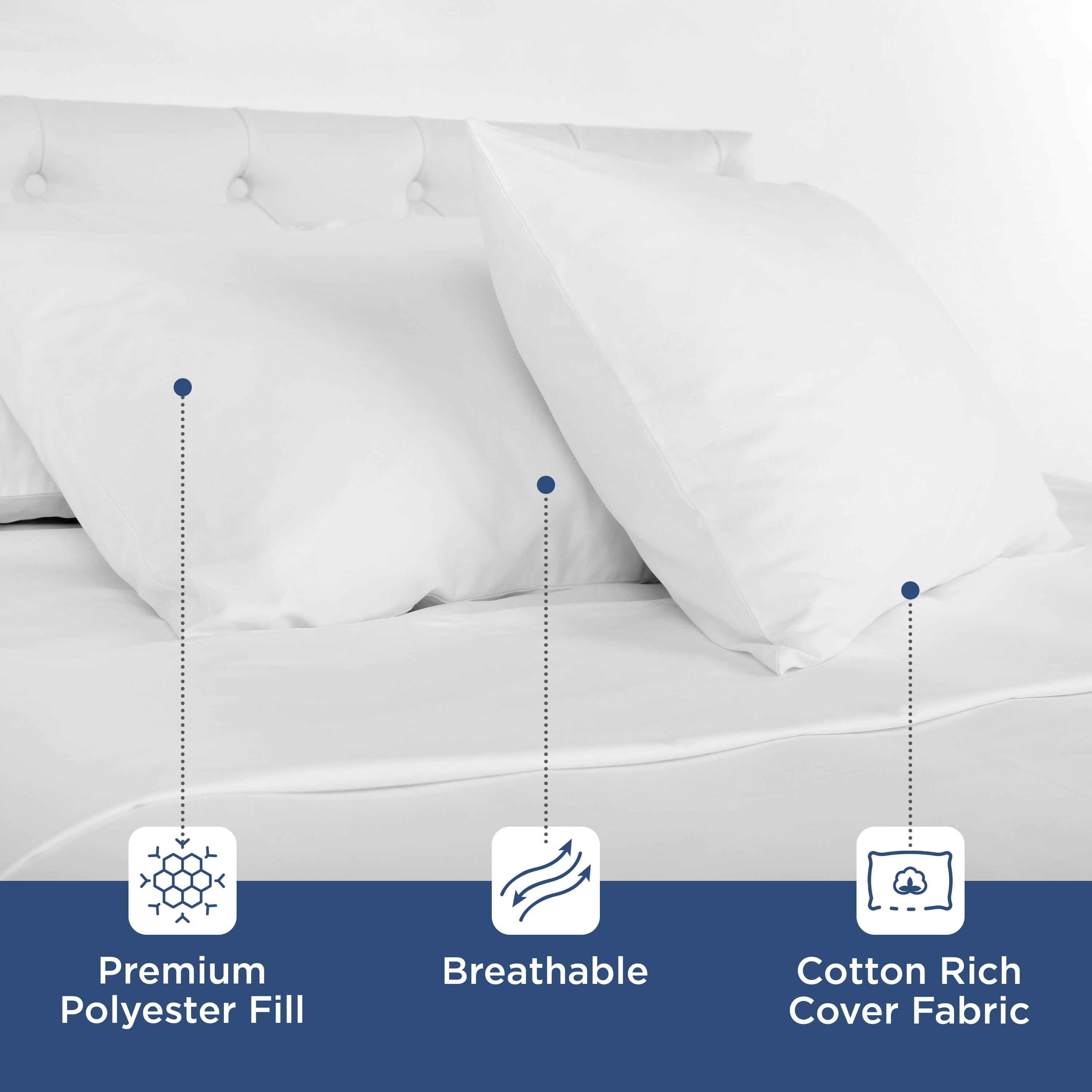 Ergonomic Memory Foam 2-Pack Down Alternative White Bed Pillows, Standard - Decorative Throw Pillow Cushion for Sofa & Bed Detail