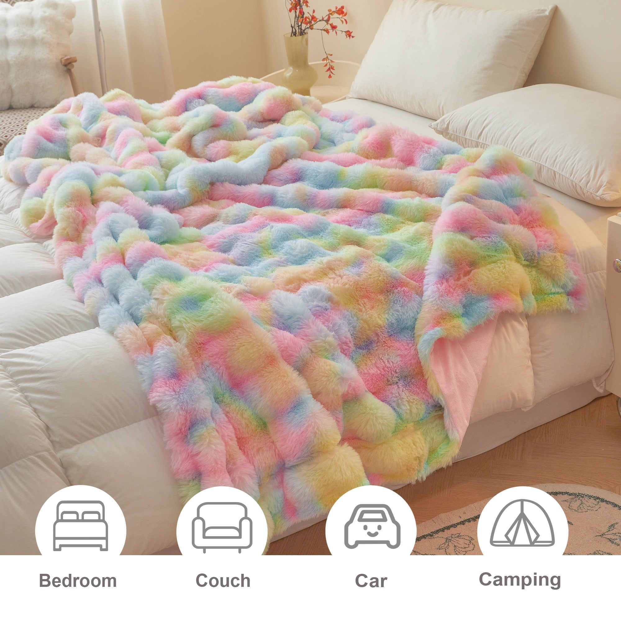 Decorative Knitted Fluffy Faux Rabbit Fur Bubble Throw, Rainbow Plush Shaggy Blanket for Couch Sofa Chair, Soft Tie Dye Furry Blanket Ad... - Lightweight Plush Warm Blanket for All Seasons Detail