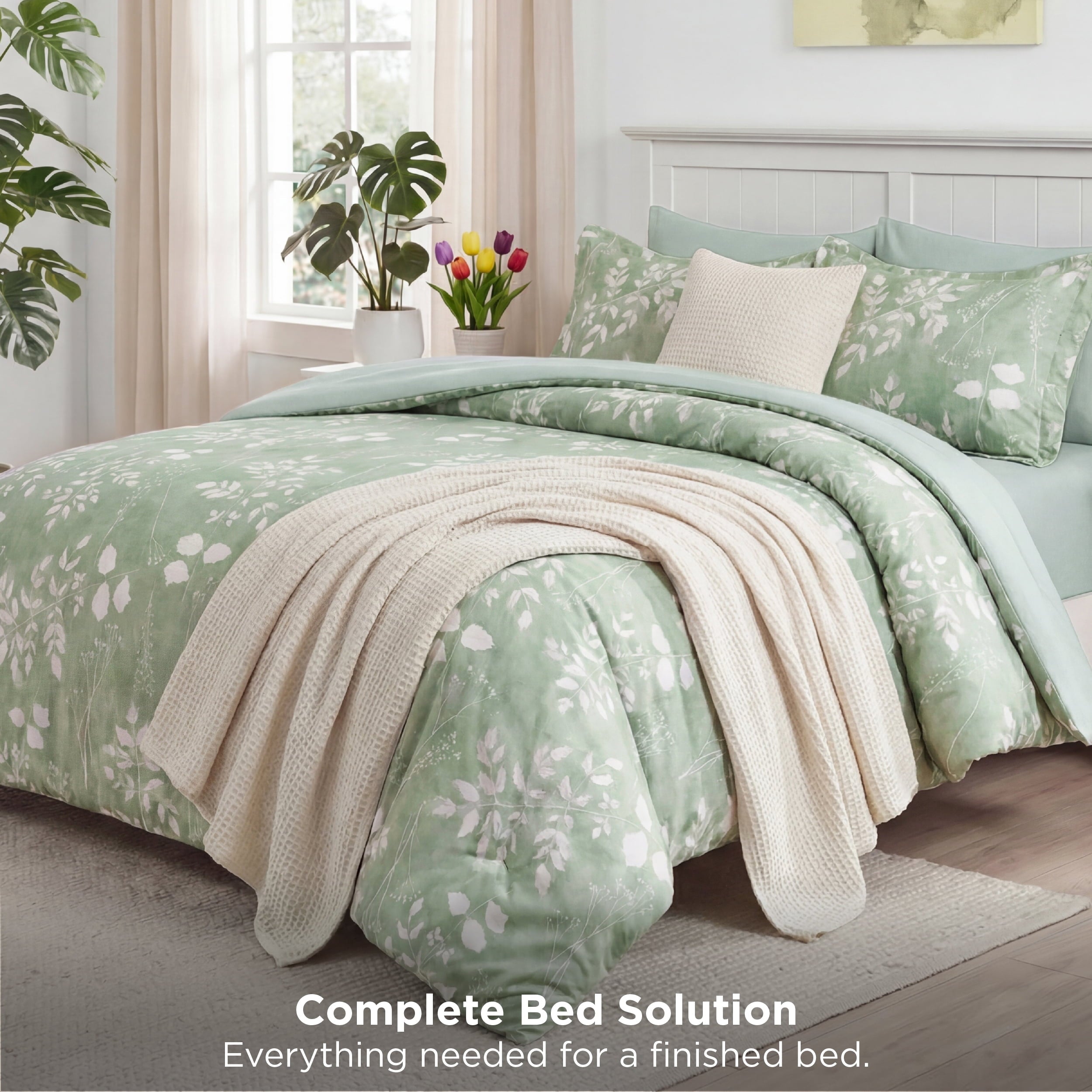 Heavyweight Warmth Queen Comforter Set Sage Green, Bed in a Bag Queen Size Bedding, 7-Pieces Botanical Flowers Spring Comforter, Sheets,... - Cloud-Like Soft Lightweight Bed Comforter Detail