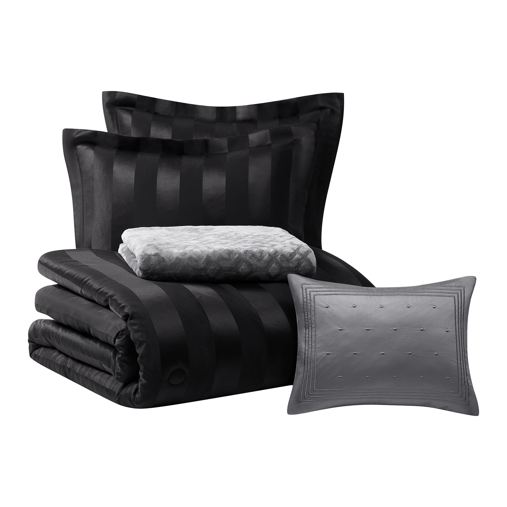 Heavyweight Warmth Rich Black 5 Piece Damask Stripe Comforter Set, King, Adult, Unisex - All-Season Down Alternative Comforter Insert Detail