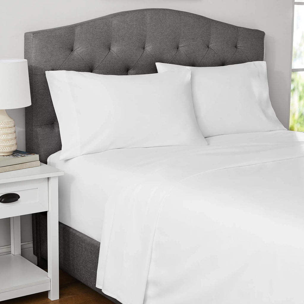 Cooling Sateen 4-Piece 300 Thread Count White Cotton Blend Percale Bed Sheet Set, Queen - Luxury Bed Sheet Set with Deep Pockets Detail