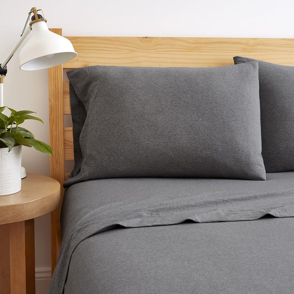 Cooling Sateen Jersey Sheet Set - 4 Pieces Queen Cotton Sheets Set - Stretchable Ultrasoft Luxury Knit Bed Linen (Dark Gray, Queen) - Premium Ultra-Soft Pillowcase Pair for Sleeping Detail