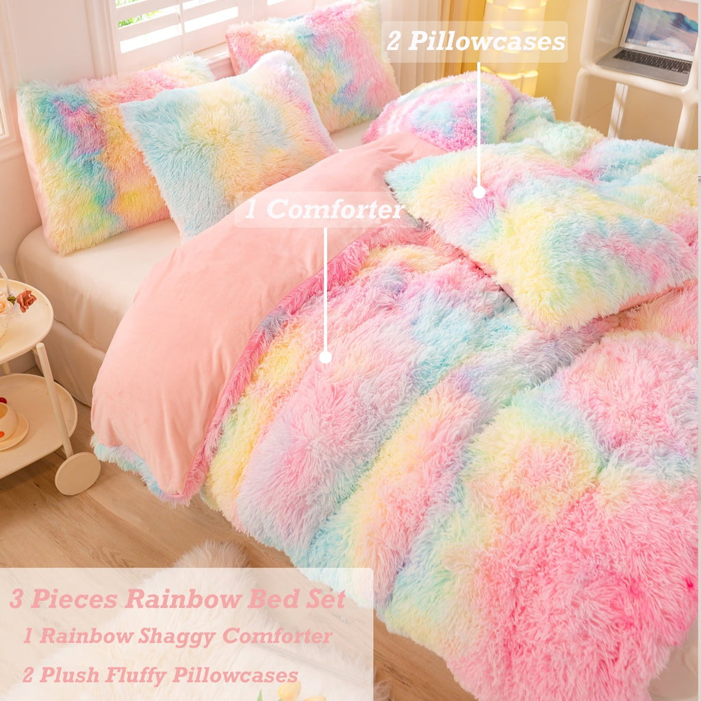 Heavyweight Warmth 3Pcs Pink Faux Fur Twin Comforter Set for Girls Tie Dye Rainbow Kid Bed Set Plush Shaggy Bedding Sets Fuzzy Bed Comfo... - All-Season Down Alternative Comforter Insert Detail