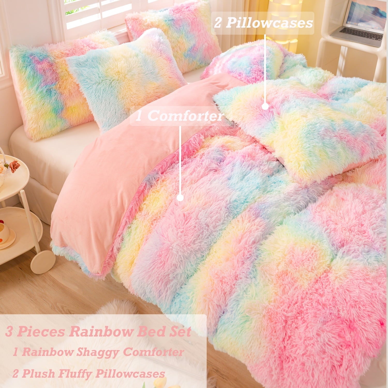 Heavyweight Warmth 3Pcs Pink Faux Fur Twin Comforter Set for Girls Tie Dye Rainbow Kid Bed Set Plush Shaggy Bedding Sets Fuzzy Bed Comfo... - All-Season Down Alternative Comforter Insert Detail