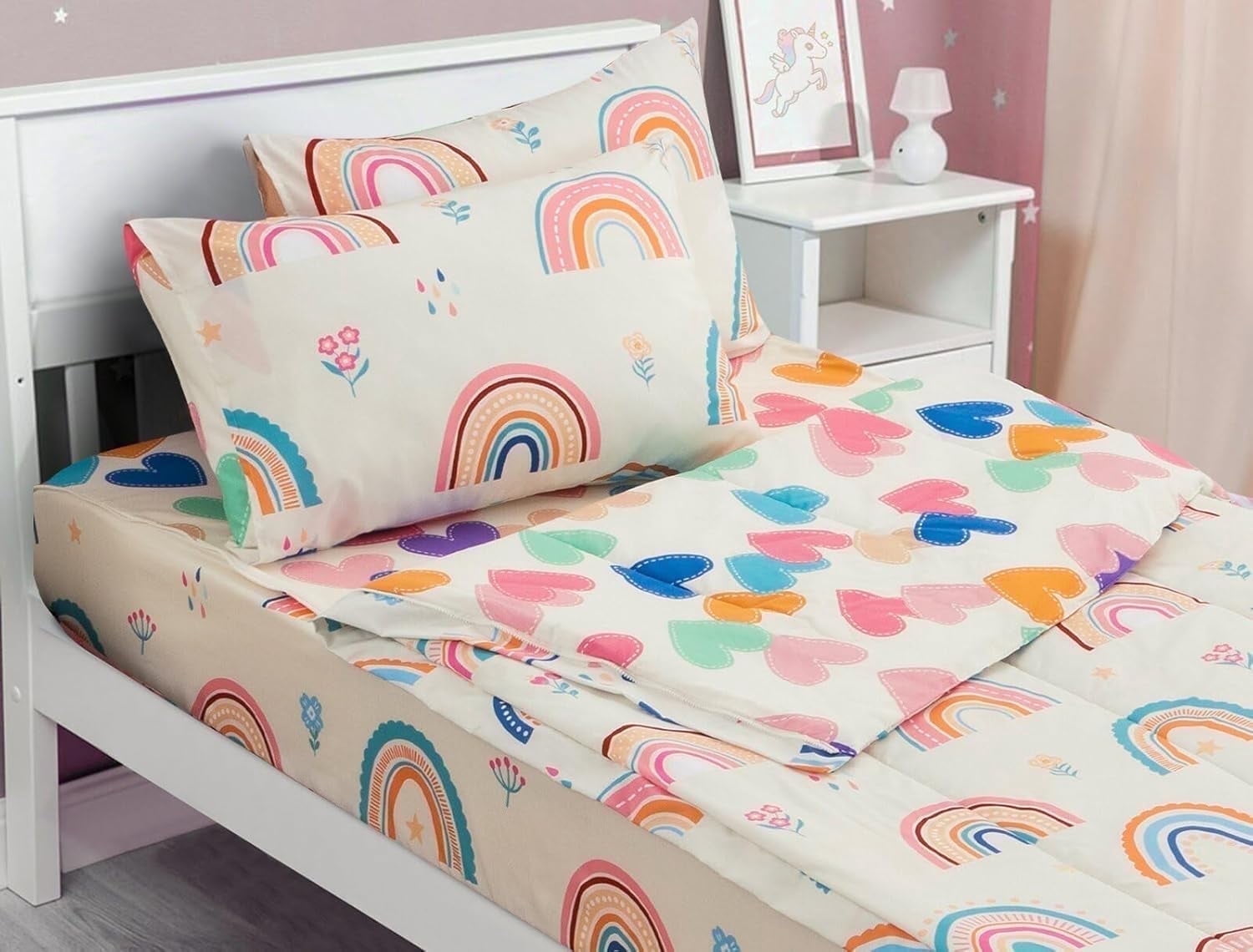 All-Season 3-Piece Kids Comforter Set Twin Zipper Bedding for Girls, Rainbow Comforter with Flower Pattern (Beige) - Hypoallergenic Ultra-Fluffy Quilt for Winter - Default Title