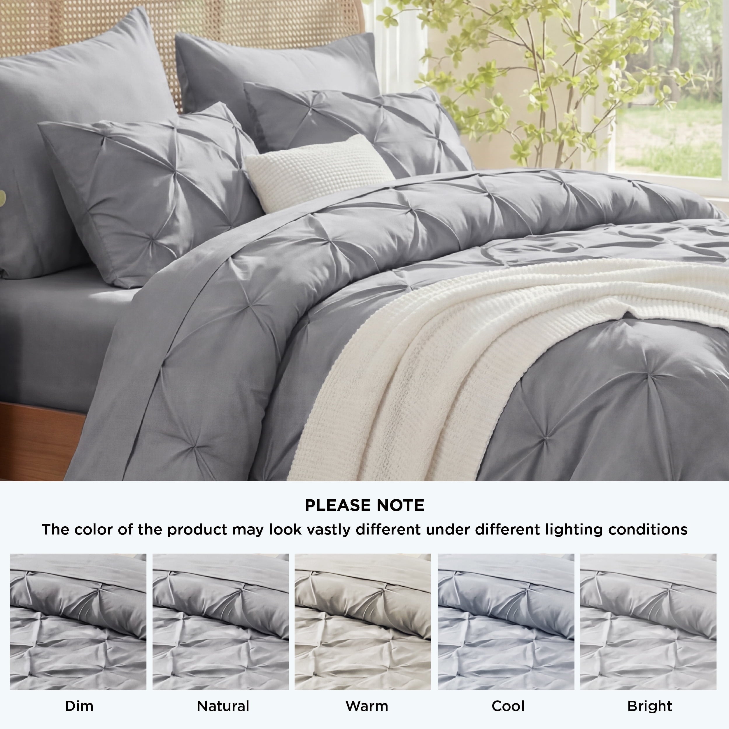 Fluffy Down Alternative Queen Comforter Set Grey, Bed in a Bag Queen Size Bedding, 7 Pieces Pinch Pleat All Season Comforter - Luxurious Quilted Duvet Cover Set Detail