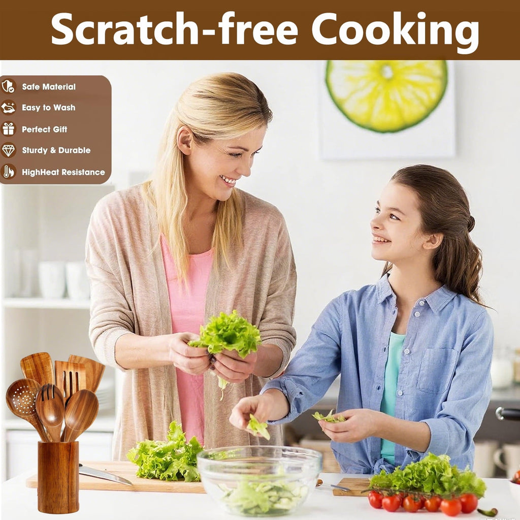 Premium Silicone Wooden Spoons for Cooking, 8 Pcs Natural Teak Wooden Utensils Set, Non-Stick & Heat Resistant Durable Wood ... - Durable Turner & Ladle Utensil Set for Home Chefs Detail